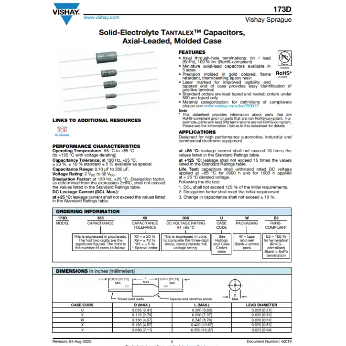 Vishay Sprague - 173D564X9035V - Capacitor, Tantalum. 0.56uF 35V. Package of 10. One Day Deal