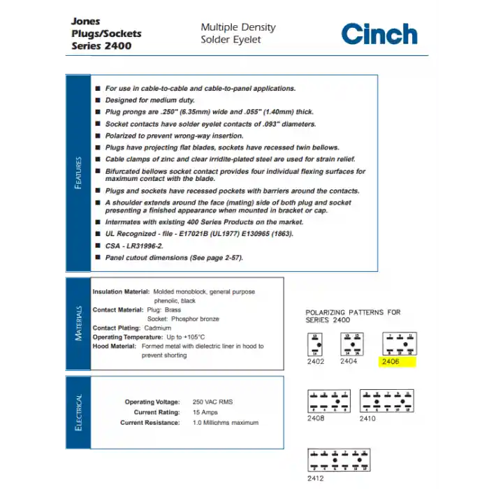 Jones- Beau Interconnect System/Vernitron - S-2406-DB - Connector, Cinch. F 6 Position, AB. Certified