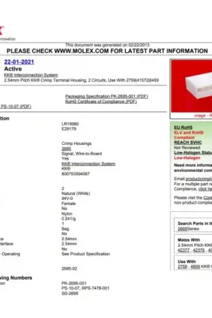 New Arrival Waldom/Molex - 22-01-2021 - Connector, Header. Female 2 Position Receptacle . 2.54mm, Package of 10.