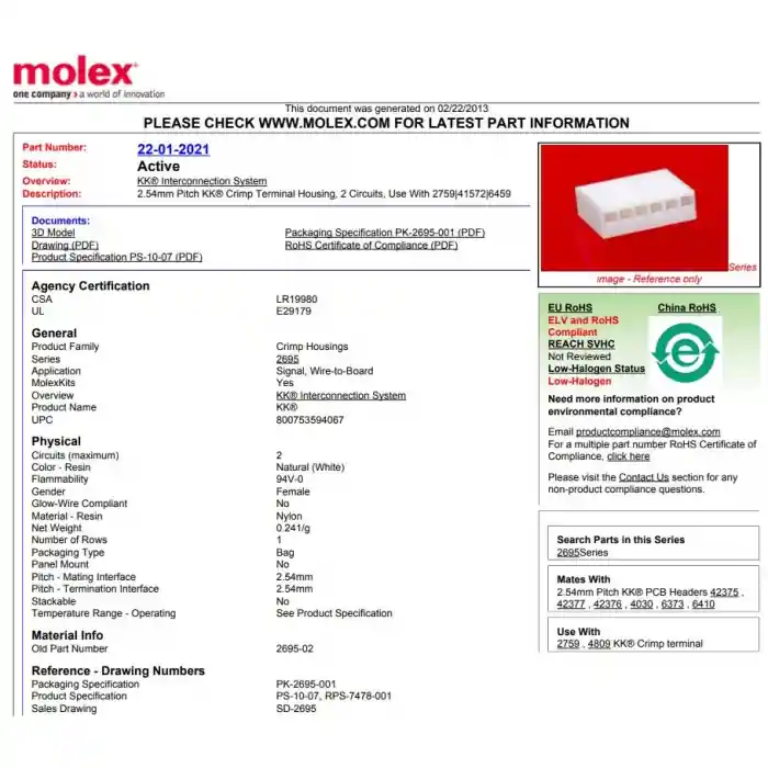New Arrival Waldom/Molex - 22-01-2021 - Connector, Header. Female 2 Position Receptacle . 2.54mm, Package of 10.