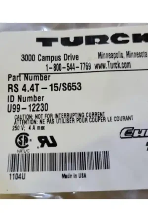 TURCK - RS4.4T-15/S653 - M12 EuroFast Cable 4-Wire Male-plug Grab Now