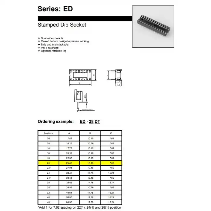 Free Delivery ON-SHORE TECHNOLOGY INC - ED-20-DT - Connector, IC socket. 20 Dip. Package of 24.