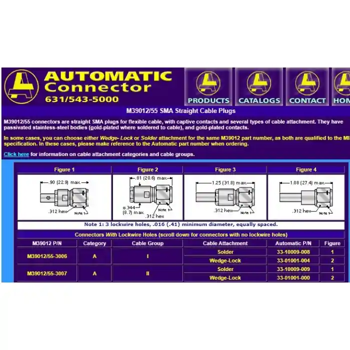 AUTOMATIC CONNECTOR - M39012/55-3007 - SMA Coax Connectors While Supplies Last