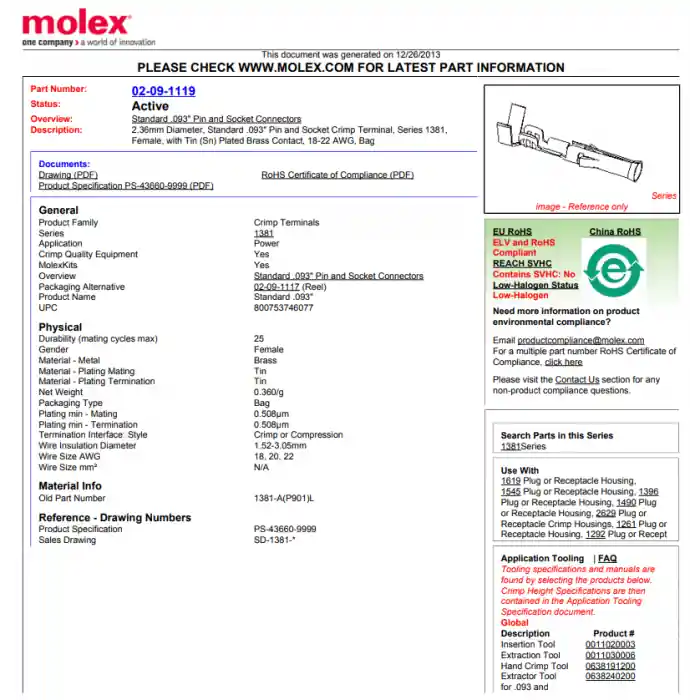 MOLEX - 02-09-1119-C - Solderless terminal. Female. Package of 10. Money Back Guarantee