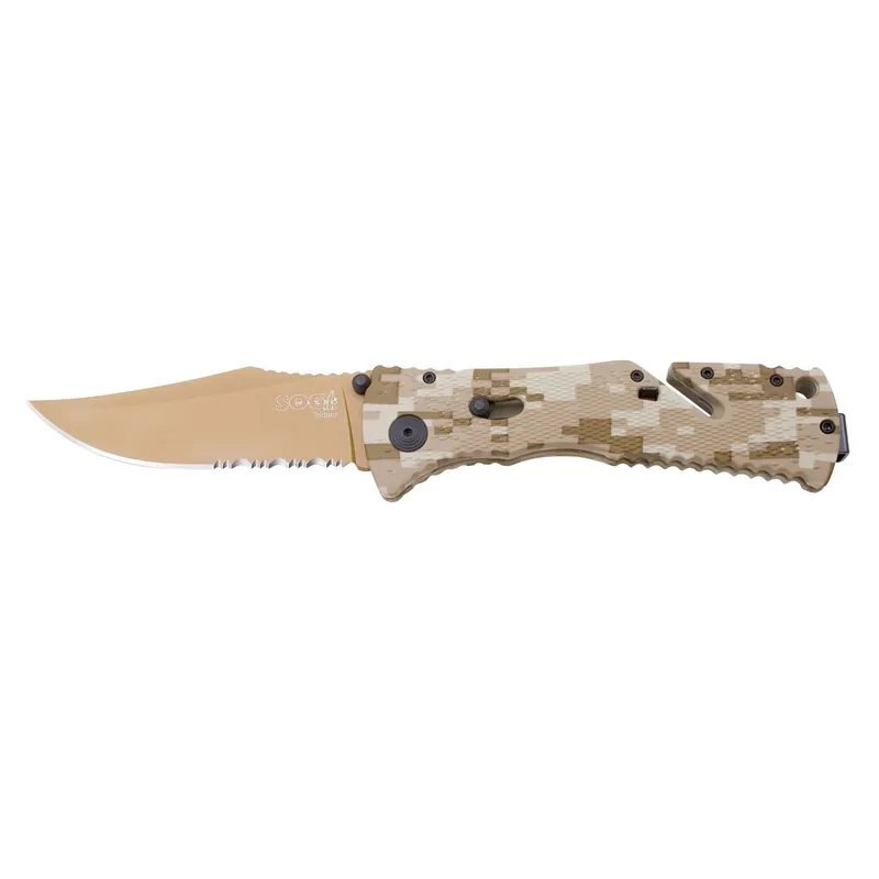 Free Delivery Trident Folding Desert Camo Knife with 1/2 Serrated Blade - 3.75 - Sog Specialty Knives