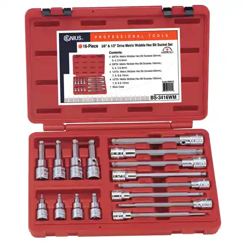 Trusted Brand 16PC 3/8 & 1/2" Dr. Metric Long Wobble Hex Bit Skt. - Genius Tools