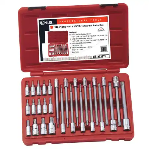 Warranty Included 1/4 & 3/8 Inch Drive Long Star Bit Socket Set 28 Pc - Genius Tools