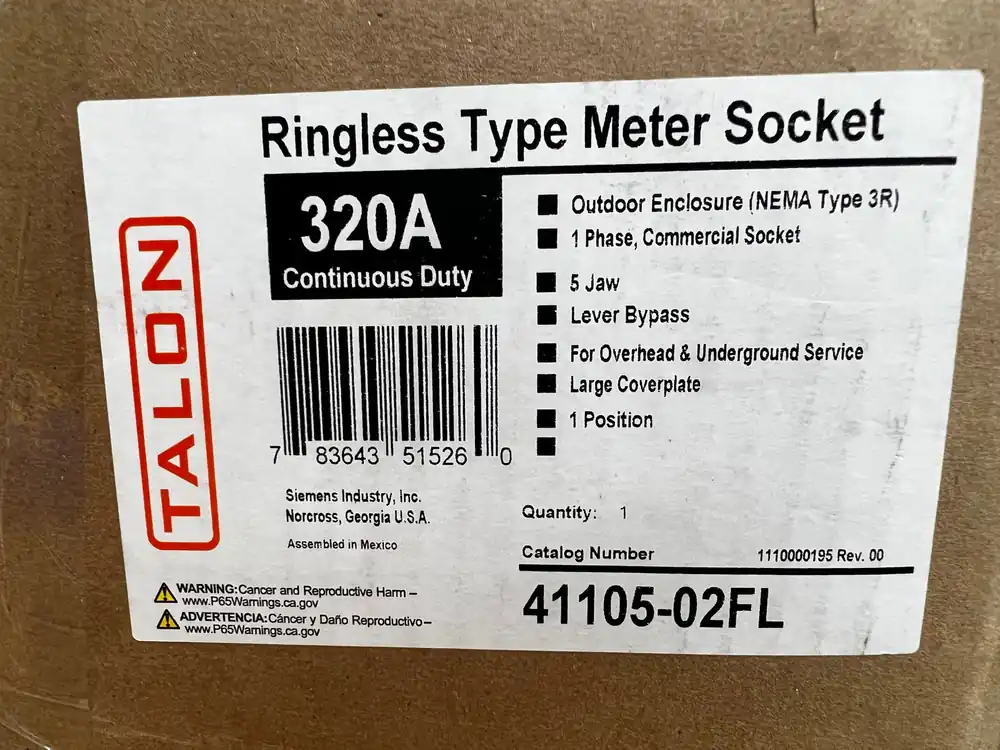 Siemens/Talon 41105-02FL 5 Jaw Ringless Meter Socket 320 Amp 1 Position Lever Buy Today