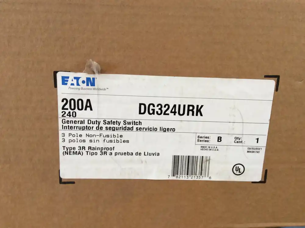 Eaton/Cutler-Hammer DG324URK 200A 240VAC 3 Pole Non-Fusible Nema3R Rainproof Safety Switch (New In Box) Original