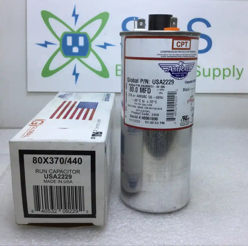 Next Day Delivery Amrad USA2229 80.0MFD +10%/-5% 370/440V 50/60Hz 70c/-40c Capacitor w/ CPT