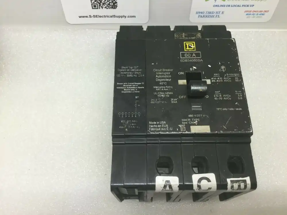 Worldwide Shipping Square D Edb34060sa 3 Pole 277/480 Volt 60 Amp With Shunt Trip Bolt In