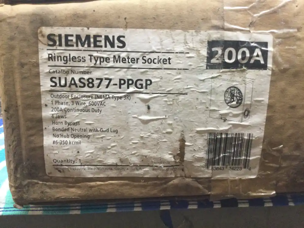 Siemens SUAS877-PPGP; 200 Amp, 1 Phase, 3 Wire Ringless Type Meter Socket Continuous Duty Nema-3r Price Drop