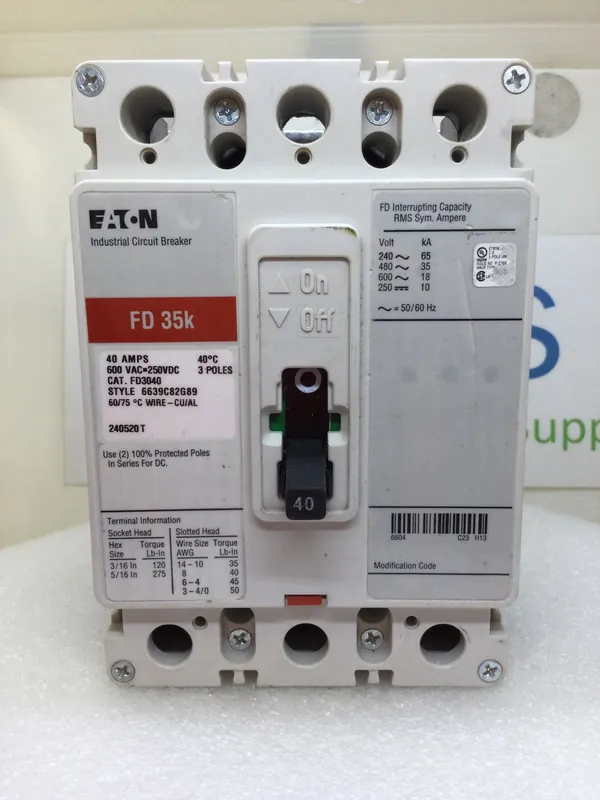 New Arrival Eaton FD3040 40 Amp 3 Pole 600VAC 35k Circuit Breaker