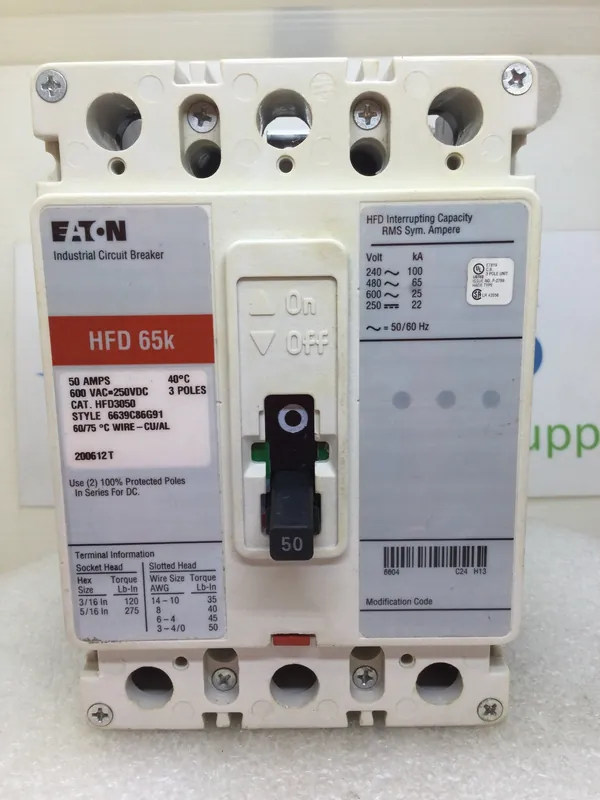 Worldwide Shipping Cutler Hammer HFD3050 50 Amps 3 Pole 600v HFD 65k Circuit Breaker - Red Label