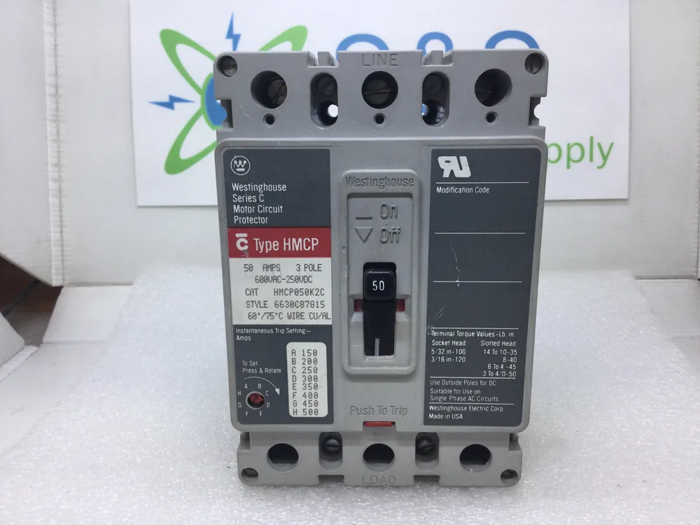 Trusted Brand Westinghouse HMCP050K2C 50 Amp 3 Pole 600V Circuit Breaker