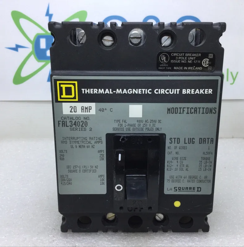 Limited Offer Square D FAL34020 20 Amp 3 Pole 480V Breaker - Gray Face - Cosmetic Flaw