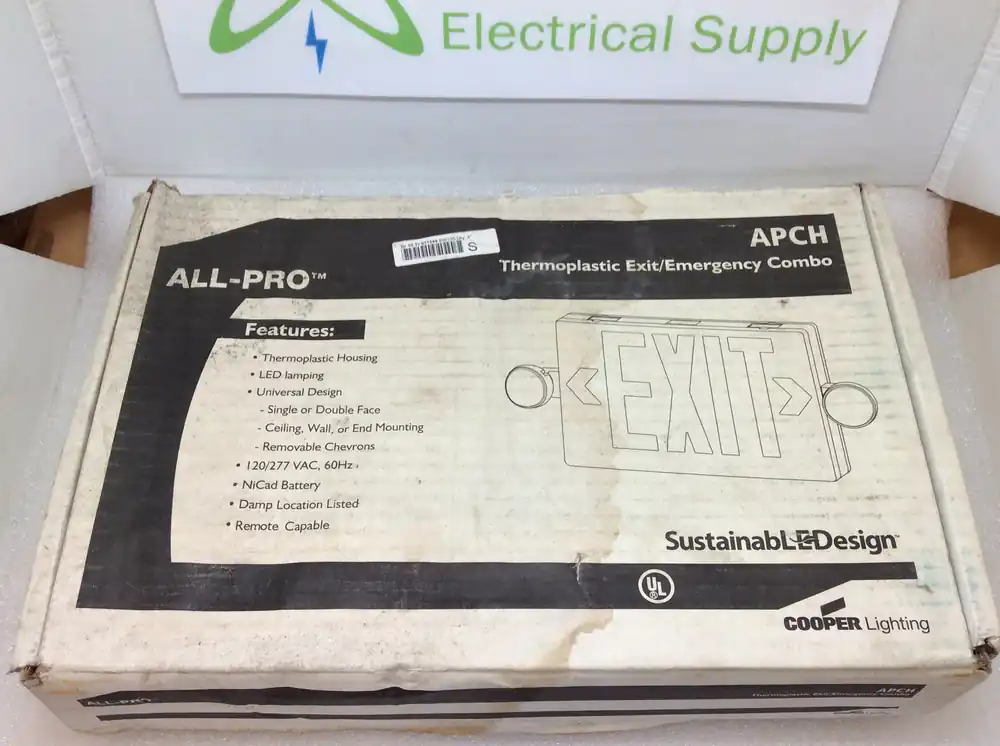 Factory Price Cooper Lighting APCH7R Thermoplastic Exit/Emergency Combo LED 120/270VAC Battery Backup (New)