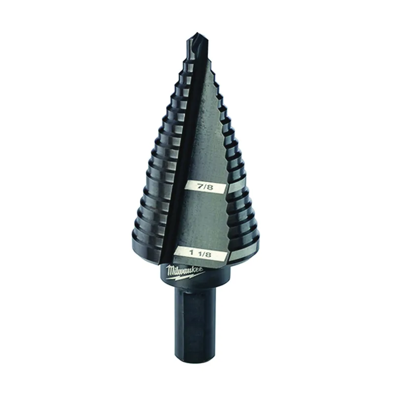 Fresh Stock Milwaukee 48-89-9209 Step Drill Bit, 7/8 to 1-1/8 in Dia, 2-61/64 in OAL, 2-Flute, 3/8 in Dia Shank, Flat Shank