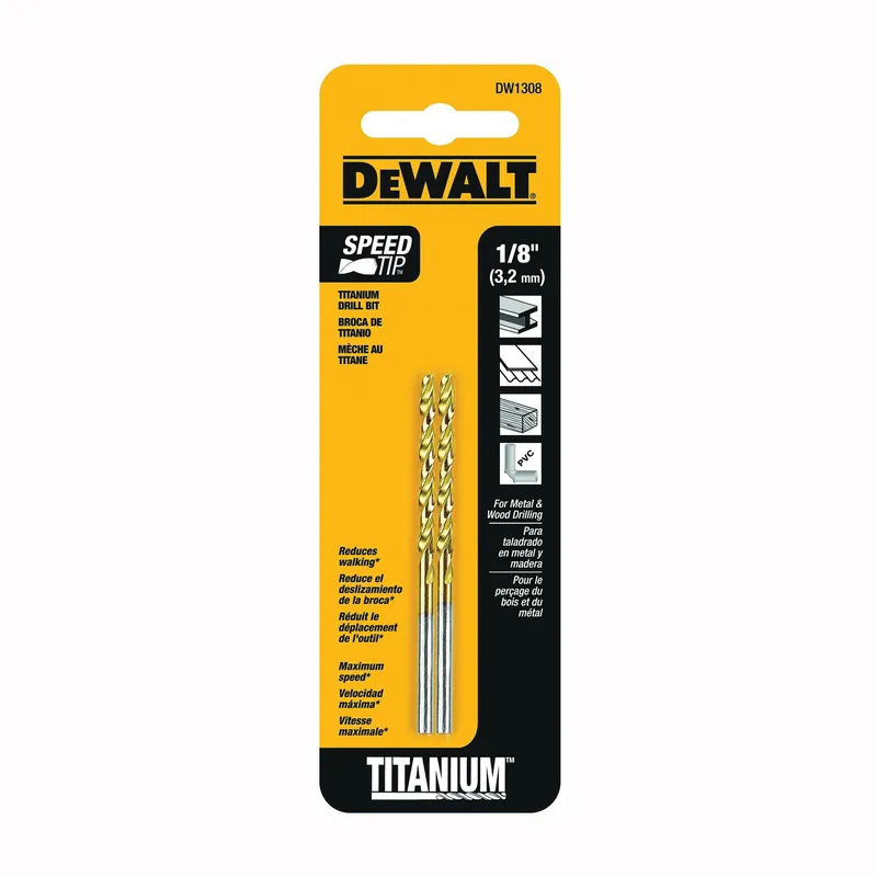 Free Returns DEWALT DW1308 Jobber Drill Bit, 1/8 in Dia, 2-3/4 in OAL, Parabolic Flute, 1/8 in Dia Shank, Straight Shank