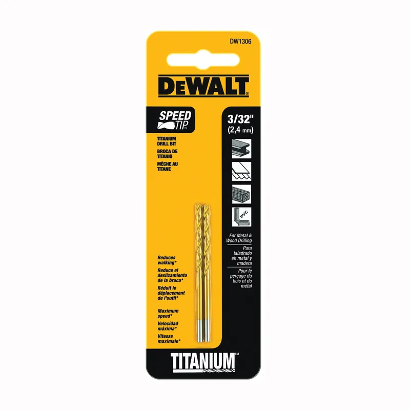 Original DEWALT DW1306 Jobber Drill Bit, 3/32 in Dia, 2-1/4 in OAL, Parabolic Flute, 3/32 in Dia Shank, Straight Shank