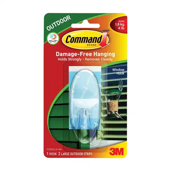 Command 17093CLR-AW Window Hook, 3-3/8 in L x 1-3/8 in W x 1 in H Dimensions, 4 lb, 1-Hook, Plastic, Clear Professional Grade