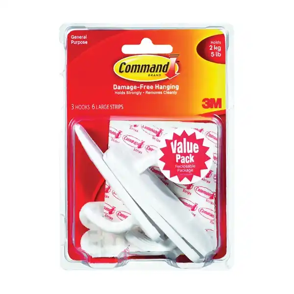 While Supplies Last Command 17003-VP-3PK Utility Hook, 7/8 in Opening, 5 lb, 3-Hook, Plastic, White