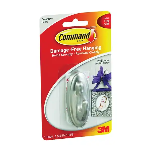 Best Choice Command 17051BN Decorative Hook, 3-1/8 in L x 1-1/4 in W x 1-1/2 in H Dimensions, 3 lb, 1-Hook, Plastic, Silver