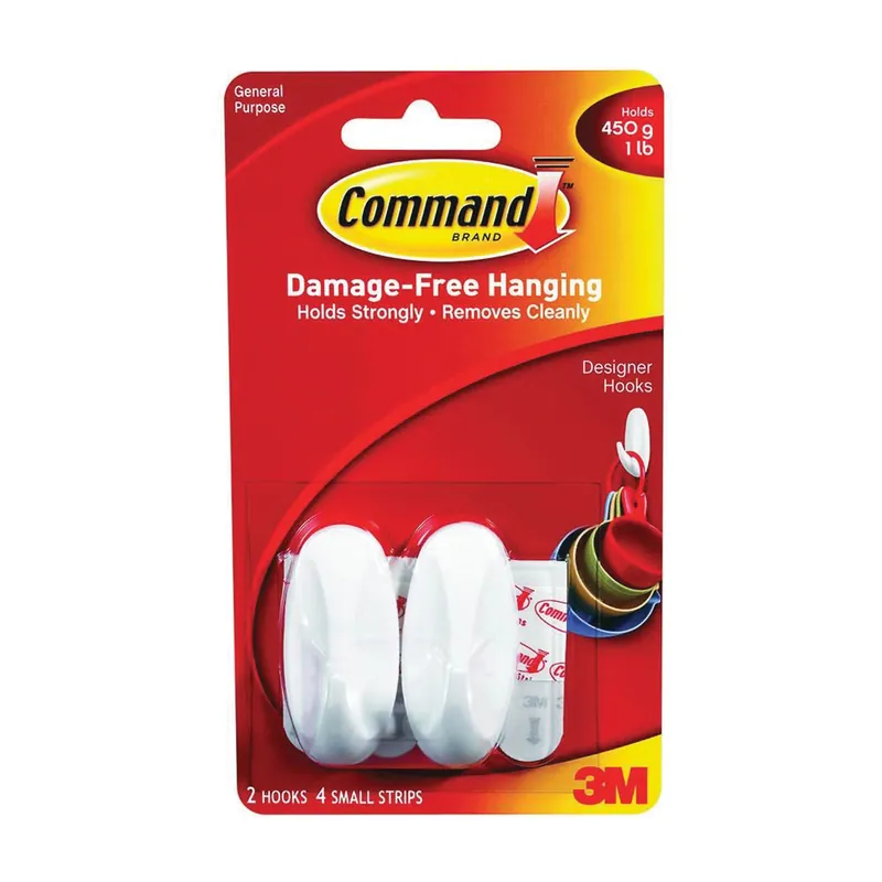 Must Have Command 17082 Designer Hook, 1/4 in Opening, 1 lb, 2-Hook, Plastic, White