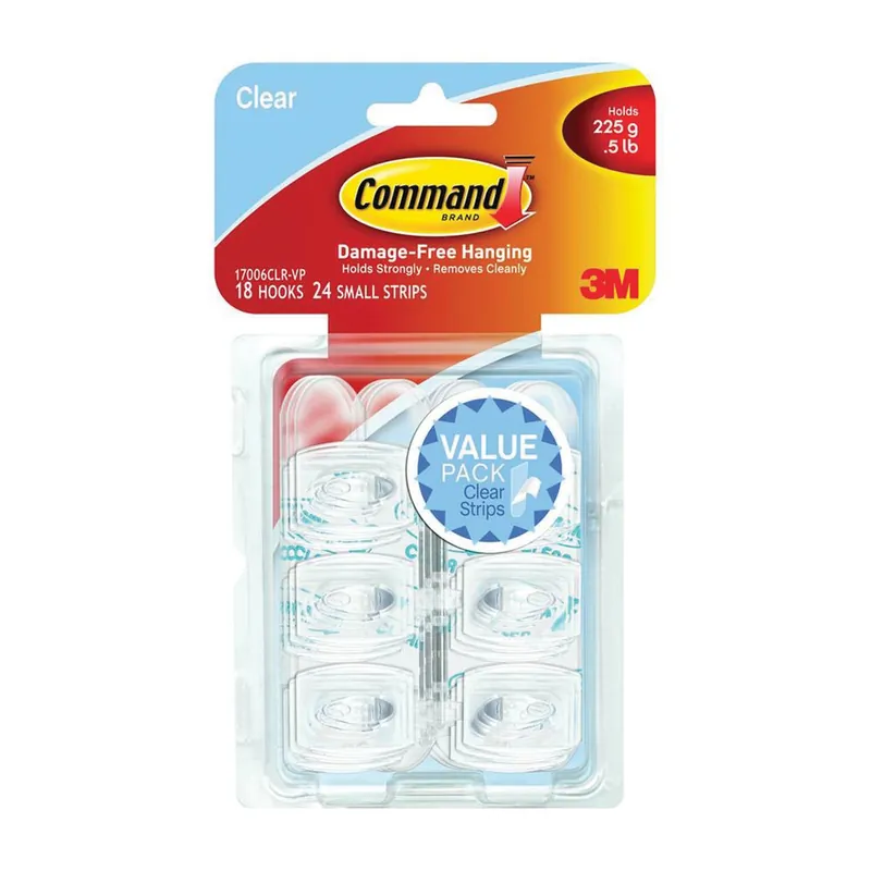 Command 17006CLR-VP Adhesive Hook, 0.5 lb, 18-Hook, Plastic, Clear Clearance