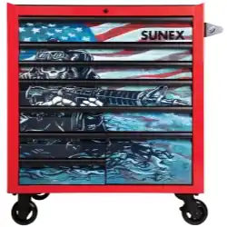 Grab Now 8 Drawer Premiun Service Cart-Matte Red USA Skull - Sunex Tools