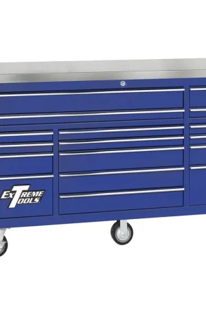 Extreme Tools | EX7217RCBL | 72" 17 Drawer Triple Bank Professional Roller Cabinet - Blue Fre While Supplies Last