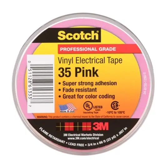 Scotch® Vinyl Color Coding Electrical Tape 35, 3/4 in x 66 ft, Pink, 10 rolls/carton In Demand