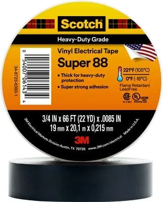 Certified Scotch® Vinyl Electrical Tape Super 88, 3/4 in x 36 yd, Black, 12 rolls/carton, 48 rolls/Case